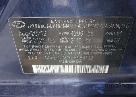 2013 Hyundai Sonata Limited z USA, uszkodzony, nr VIN 5NPEC4ACXDH586132